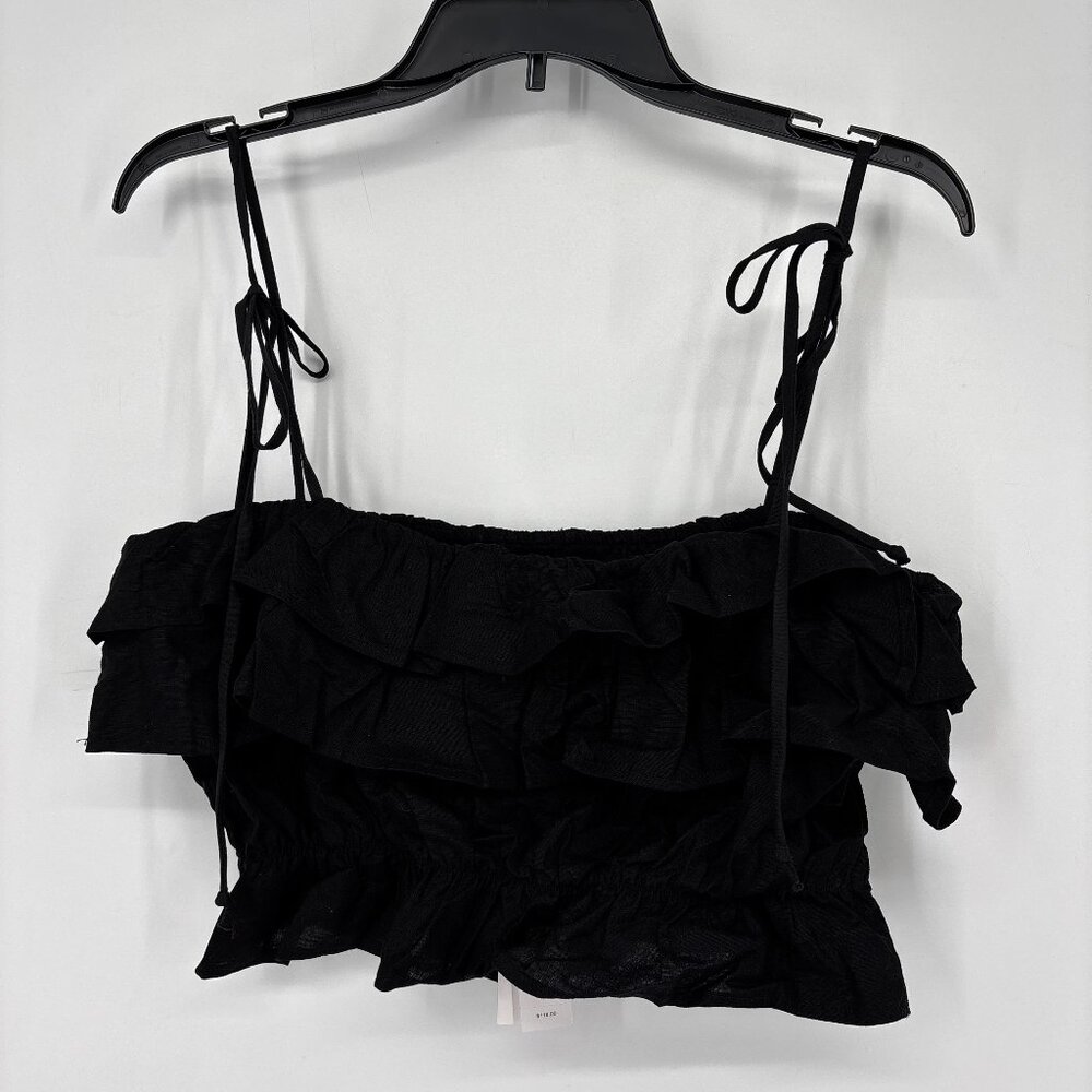 Aqua Women's Linen-Blend Tie Straps Ruffle Cropped Tank Top Black Size M NWT - Picture 1 of 7